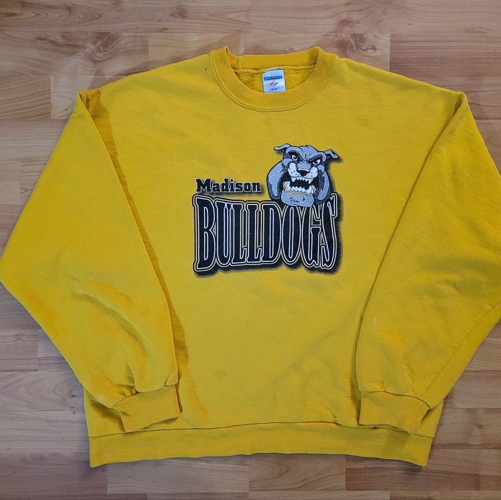 Madison Bulldogs Large Yellow Crewneck Sweatshirt College Longsleeve Jerzees